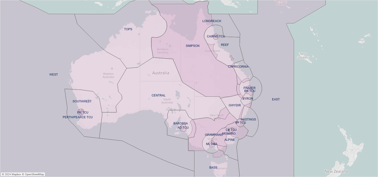 Map showing the different airspace locations in Australia